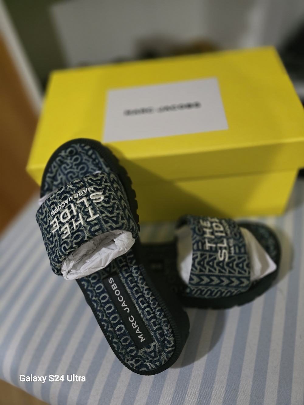 Marc Jacobs denim logo slide sandals in blue and black